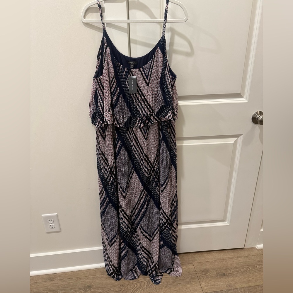 NWT Lane Bryant Printed Maxi Dress Long Boho Pleated Navy Size 22 / 24